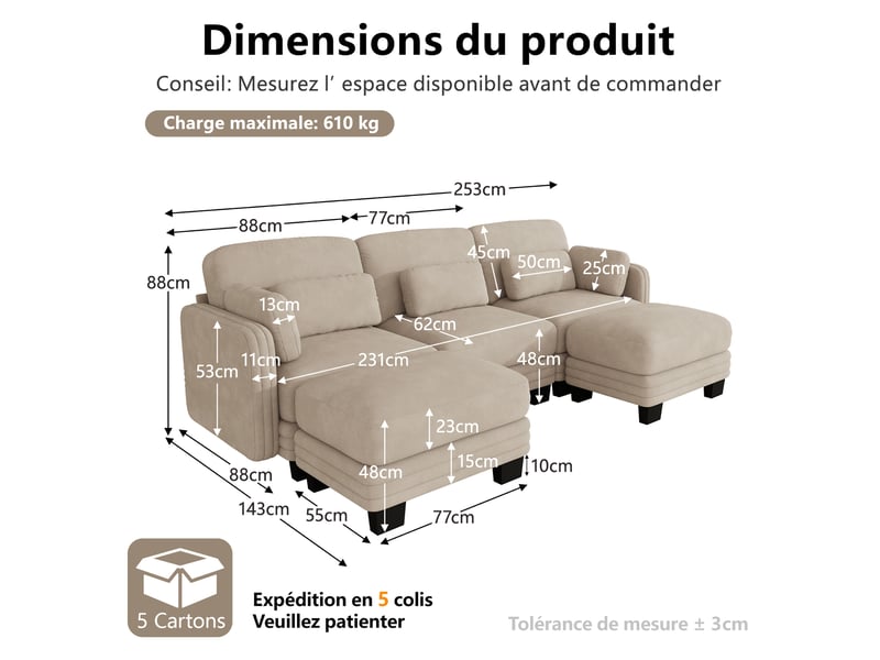  Canapé d'angle modulable en u 3 places avec 2 ottomans 253x143x88 cm en chenille café clair  - Conforama C