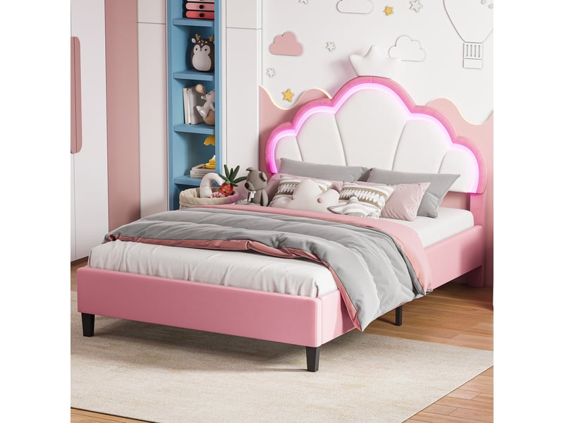  Lit enfant 140x190cm - lit double 140x190 avec tête de lit couronne lumineuse led - rembourré en velours - rose et blanc  - Conforama C
