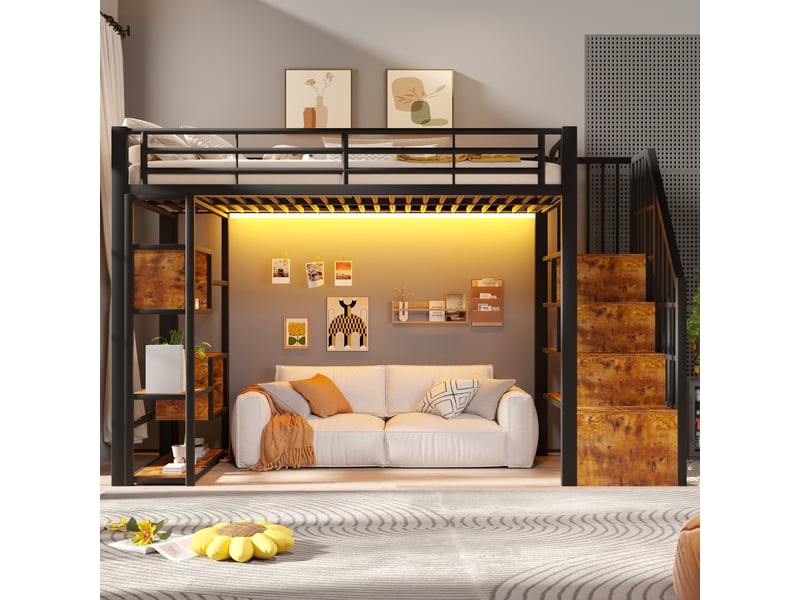  Lit mezzanine 90x200 cm, lit enfant, rangement, échelle sécurisée, barrière antichute, led, bois et métal noir  - Conforama E