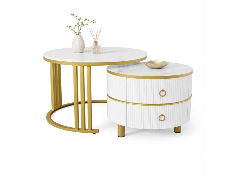  Tables basses gigognes avec 2 tiroirs pour salon en mdf 70×70×46 et 50×50×40 cm blanc et or  - Conforama A