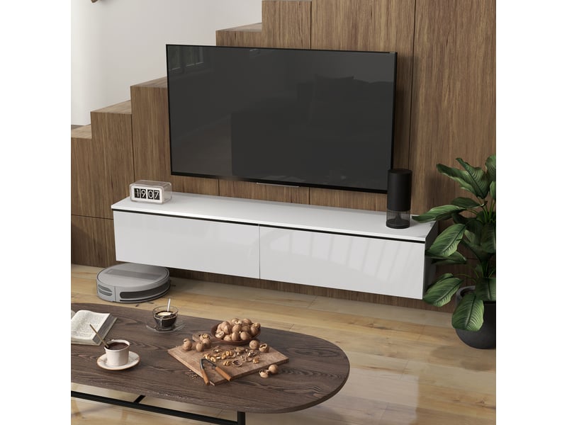  Meuble tv suspendu avec placard, pour téléviseurs jusqu'à 70 pouces, blanc, effet brillant  - Conforama W