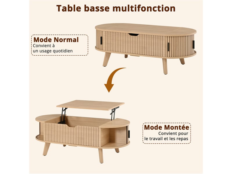 Table basse ovale 110 × 50 × 53,5 cm avec plateau relevable et rangement, naturel IKSETERA TRADING LTD - Conforama R
