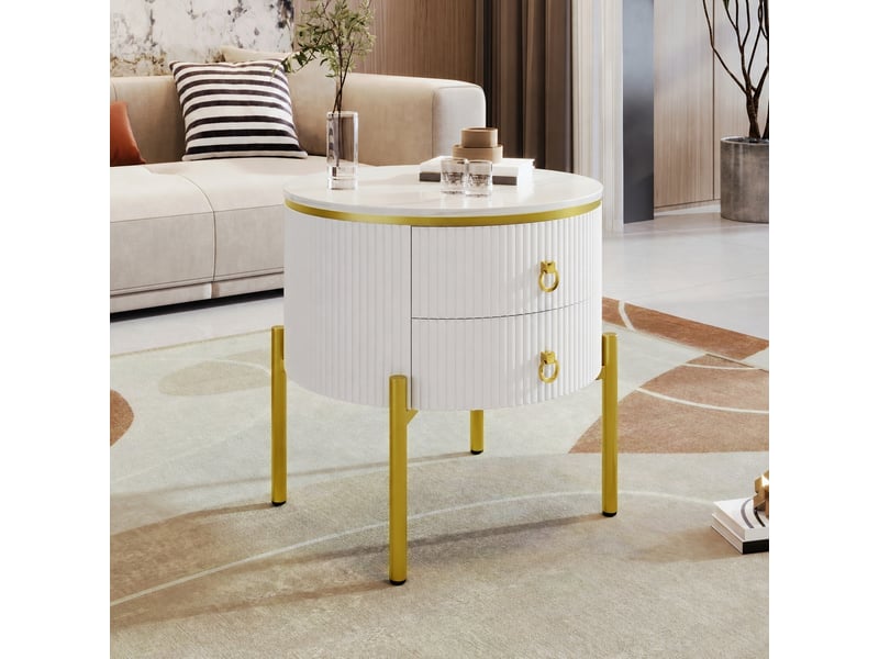  Table d’appoint ronde effet marbre blanc et doré avec 2 tiroirs, 50 x 50 x 51 cm  - Conforama E