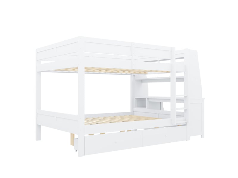  Lit superposé 2 places 140x200 cm - avec bureau, armoire, étagères et 2 tiroirs - bois blanc  - Conforama E
