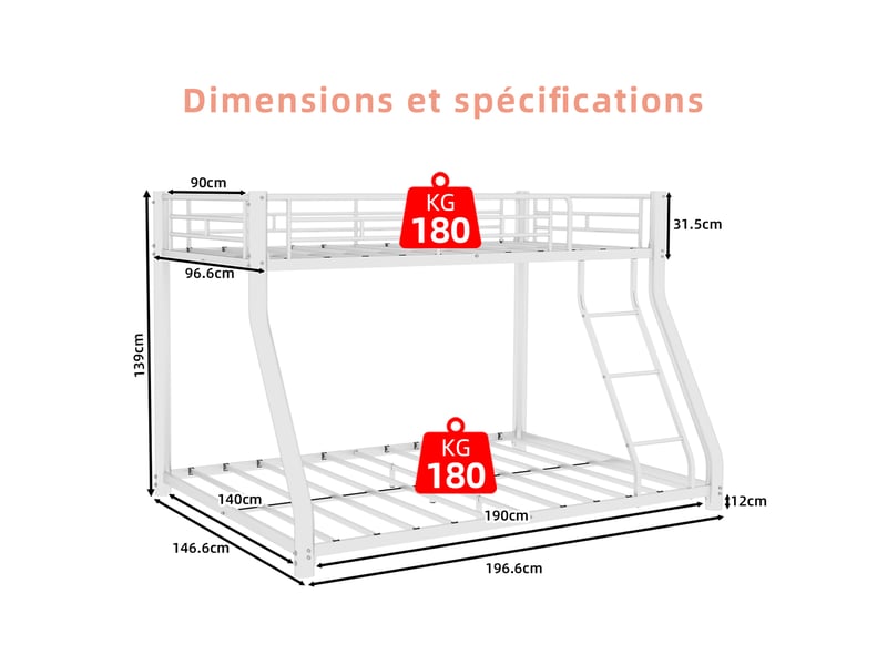 Lit superposé en métal pour adultes avec échelle et garde-corps intégral, couchage inférieur 140 x 190 cm - Conforama C