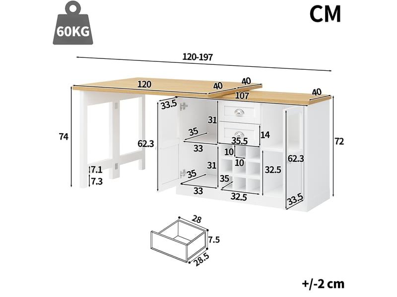  Table extensible 120-197x40x72 cm blanche en mdf et métal, pivotante 360°, avec rangements et cave à vin  - Conforama C