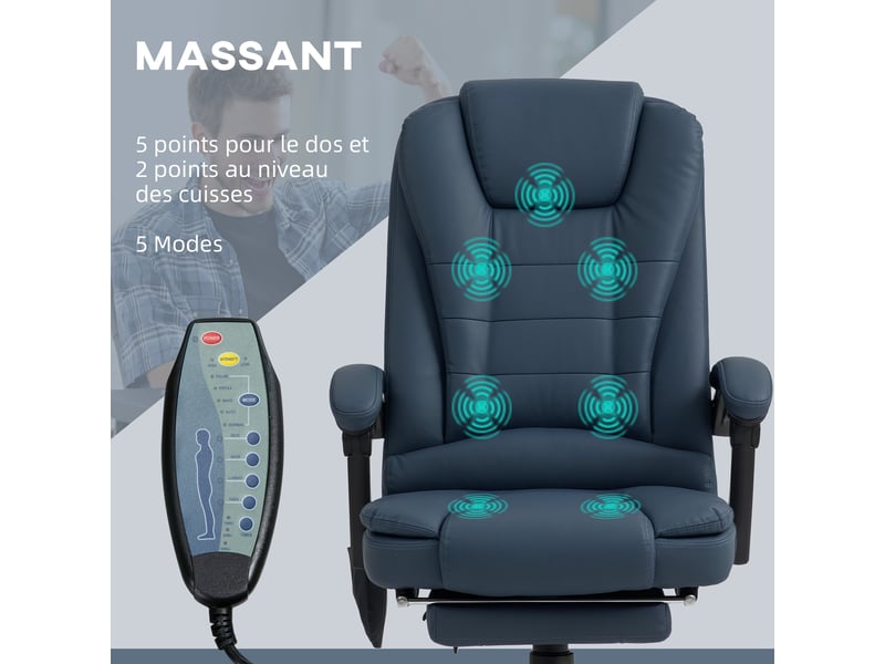  Fauteuil de bureau massant, chaise de bureau avec hauteur réglable, dossier inclinable et télécommande filaire, bleu  - Conforama E