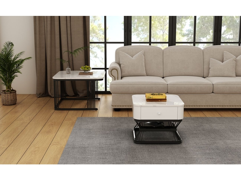  Table basse set 2 pièces 70x70x50 50x50x40, plateau effet marbre brillant table basse salon, 1 tiroir, piètement métal, idéal petits espaces  - Conforama B