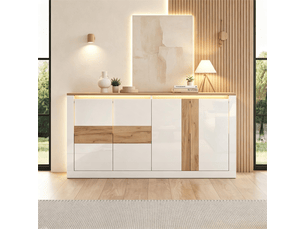 Buffet led 140 cm 4 portes mdf - meuble salon blanc brillant et chêne avec étagères réglables