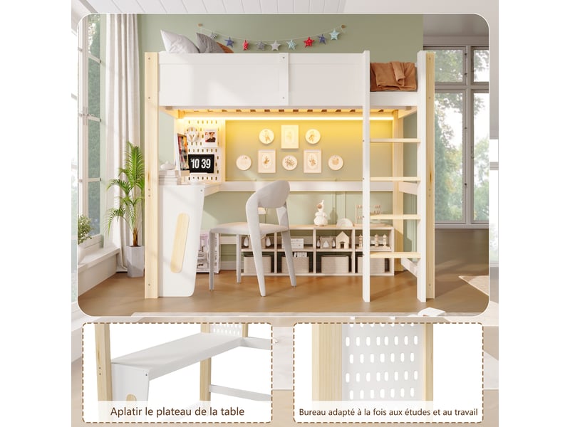 Lit mezzanine avec éclairage led, 140x200cm, avec bureau, panneau perforé, lit structure en pin, blanc - Conforama D