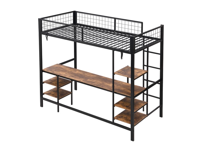  Lit superposé en fer, idéal pour enfants et adolescents, avec table et étagère, échelle à quatre marches, structure en fer et panneaux de particules, coloris noir et bois foncé, 90 x 200 cm.  - Conforama E