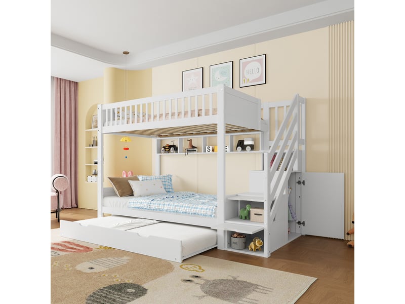  Lit superposé enfant 90x200 cm blanc, lit avec étagères de rangement, armoire et lit gigogne, structure en bois massif.  - Conforama B