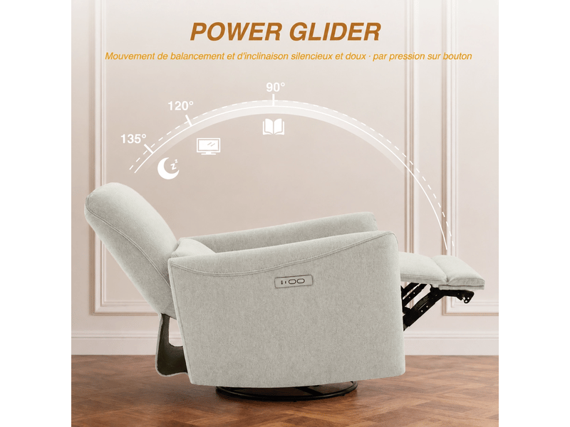 Fauteuil relax électrique pivotant 270° – usbtype-c, en tissu,dossier 135°, charge 159 kg-gris - Conforama D