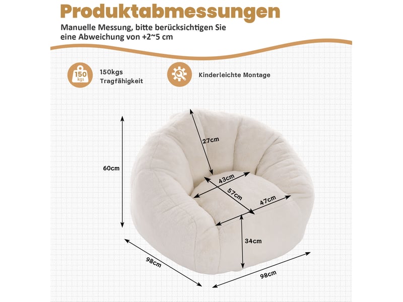  Fauteuil poire 98x98x60 cm mousse à mémoire de forme crème  - Conforama D