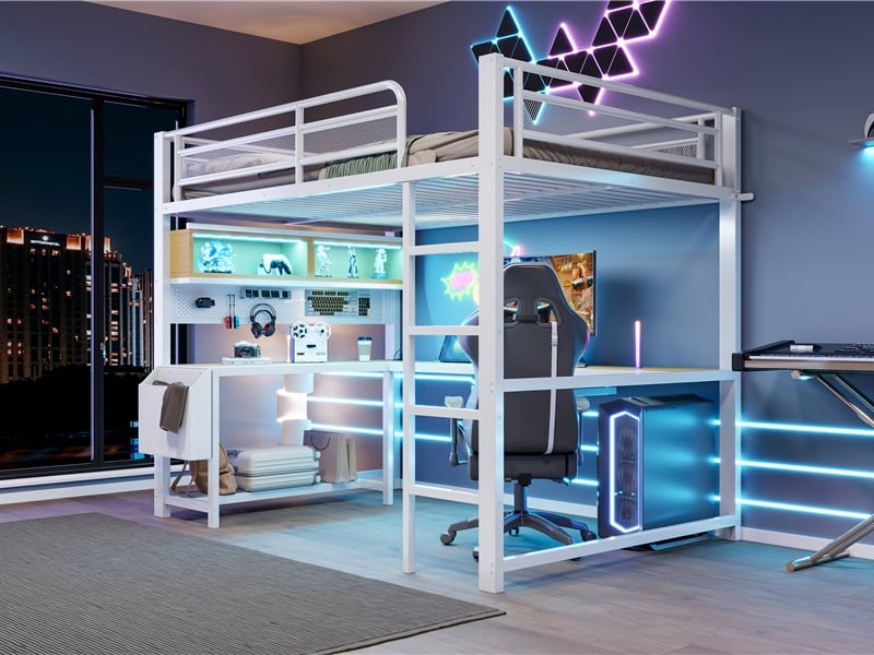  Lit mezzanine gaming 140x200 avec bureau, tablette clavier, éclairage led et station de recharge, blanc  - Conforama B