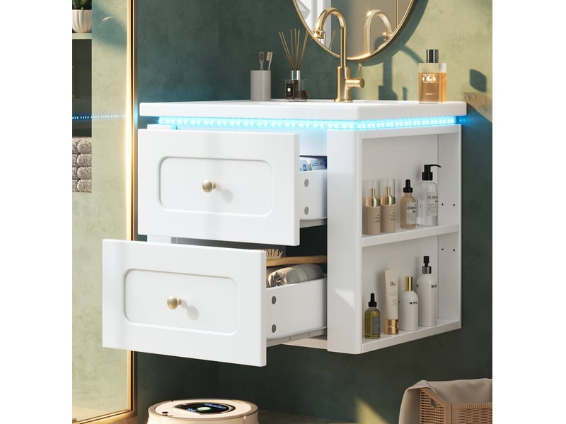  Meuble sous vasque mural avec 2 tiroirs, niche réglable, led et lavabo céramique pour salle de bain, 61 × 47 × 50 cm  - Conforama C