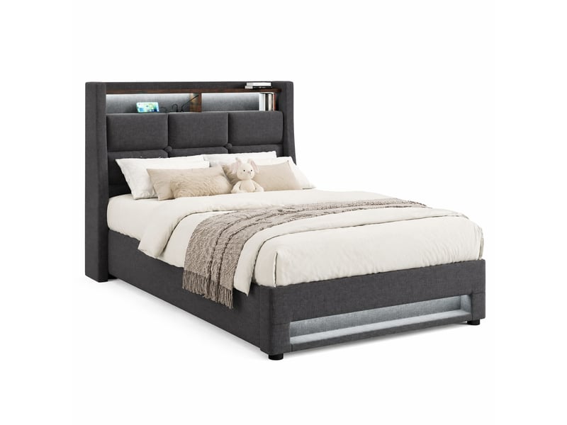Lit coffre usb 90x200 cm avec led, lattes en bois et métal, gris sans matelas - Conforama A