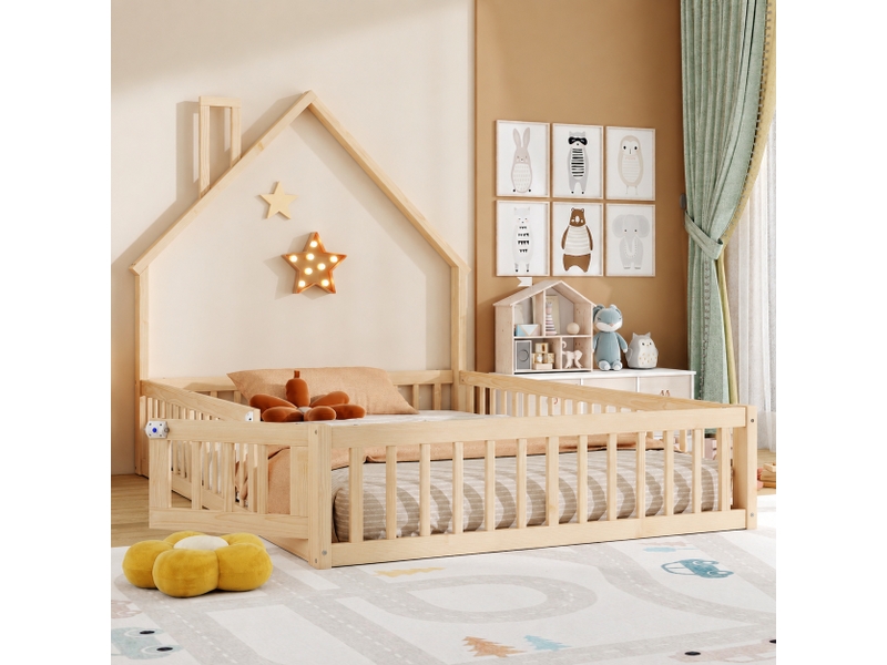  Lit cabane enfant 140 x 190 cm, forme cheminée, sommier à lattes, pin, naturel  - Conforama C