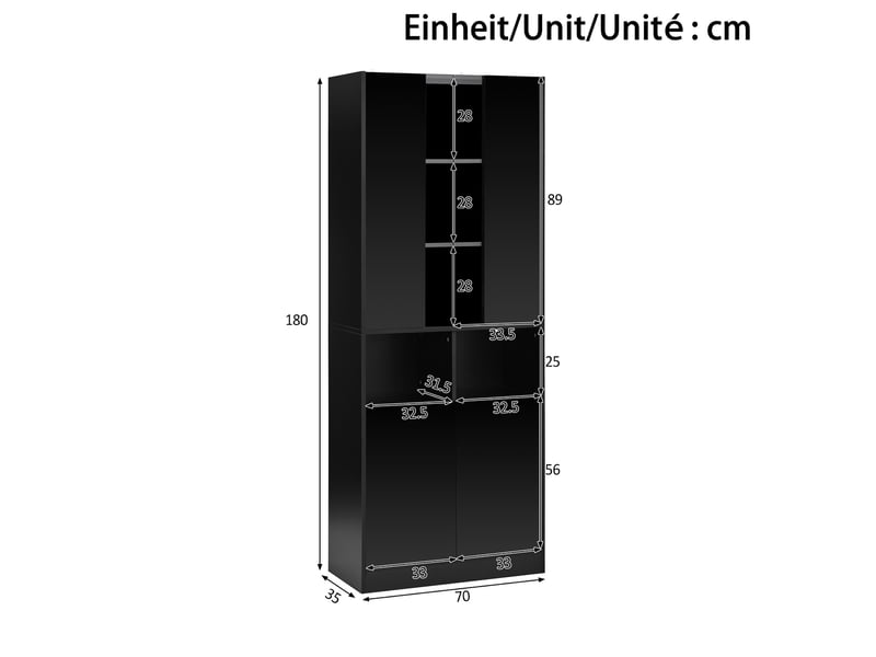  Armoire haute à 4 portes avec led pilotée par application - lpospi - 2 niches, mdf et panneaux de particules noir  - Conforama D