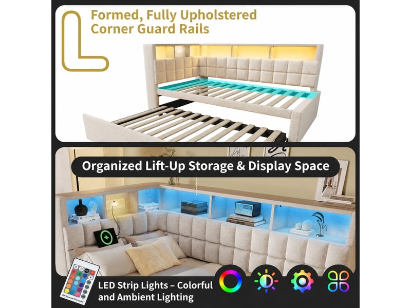 Lit gigogne 90 x 200 cm avec rangements, led et usb, tissu beige, sans matelas - Conforama E