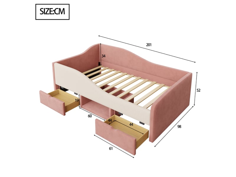  Lit avec rangement rembourré 90x190 cm coloris rose velours lit enfant rose - Conforama C