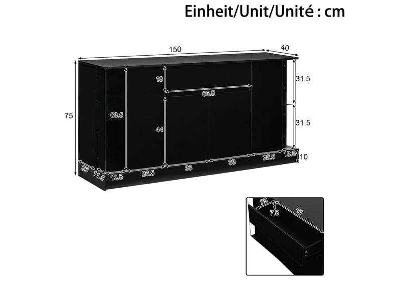 Buffet bas 150x40x75 cm noir avec vitrines en verre et éclairage led - Conforama C
