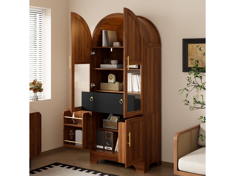  Vitrine haute 76x40x180 cm, éclairage led, portes vitrées, tiroir, design arqué, finition brillante pour salon et séjour - noyer  - Conforama E