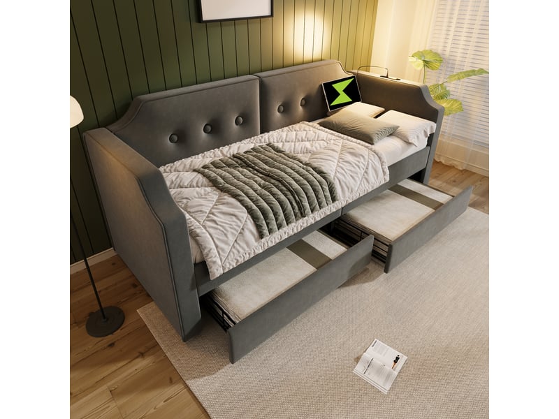  Lit jeune 90x200 cm avec tête douce et charge, lin, gris, sans matelas  - Conforama W