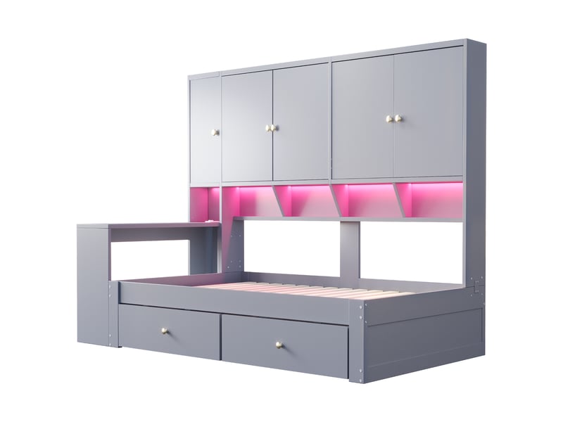 Lit multifonction 90x200 cm gris avec bureau, rangements, led et prises - Conforama E