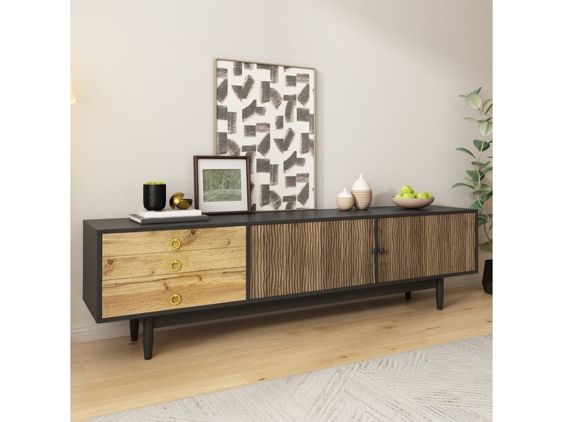  Meuble tv bas – portes effet ondulé et 3 tiroirs – finition bois et noir  - Conforama E