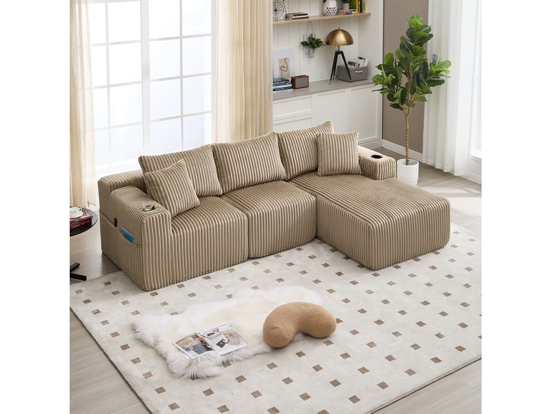  Canapé modulaire 3 places avec méridienne en velours côtelé kaki, 5 coussins, poches et porte-gobelets  - Conforama D