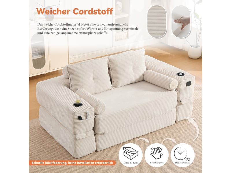 Canapé droit convertible 2 places en velours côtelé beige 180x98x80 cm, avec poches, porte-gobelet, salon séjour 180x98x80cm - Conforama E