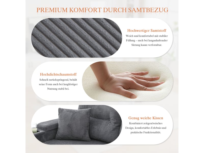 Canapé convertible 4 places en velours côtelé gris carbone avec coffre intégré et méridiennes  - Conforama D