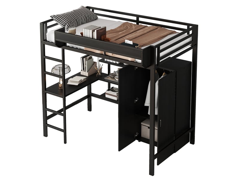 Lit mezzanine 90x200 cm avec bureau et armoire, métal et panneaux, noir - Conforama A