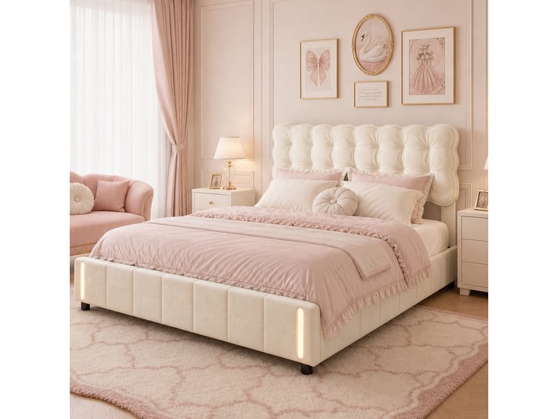 Lit rembourré 140 x 190 cm avec éclairage led, lit double à réglage hydraulique avec sommier à lattes et espace de rangement, velours, beige 250512HXF0101#ADhfdHW3W7DELLM - Conforama B