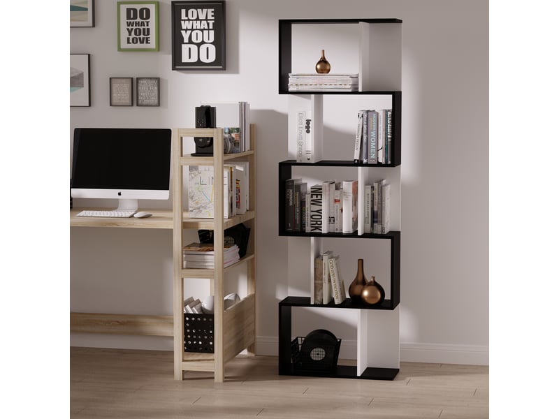  Bibliothèque en bois à 5 étagères avec séparateur, 60 x 24 x 184,5 cm, noir et blanc  - Conforama C