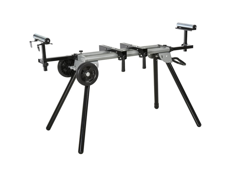 Support pour scie à onglet 123,5 à 245 cm, noir et argenté, en acier, réglable et pliable à roulettes - Conforama A
