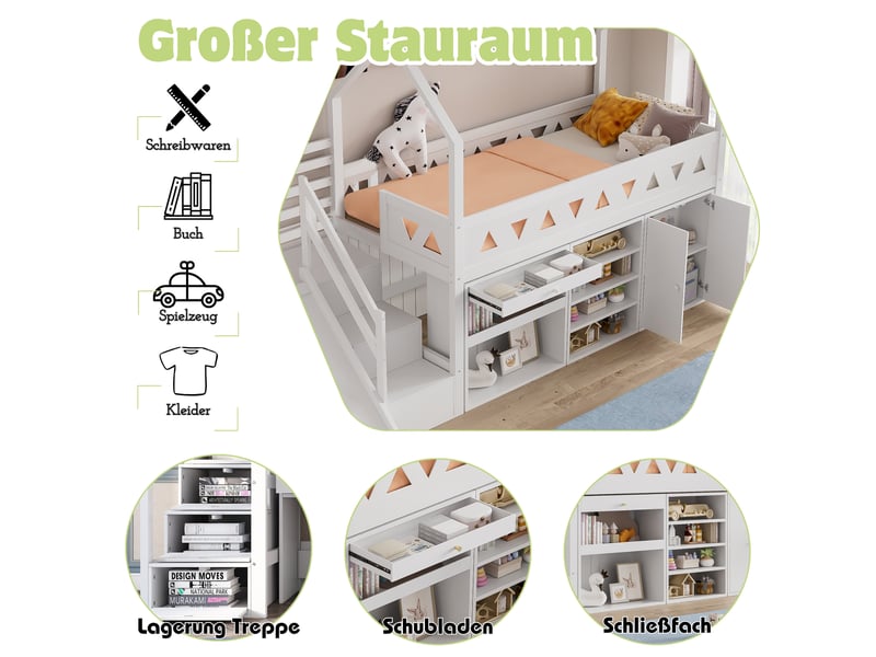 Lit enfant avec toboggan et escalier, lit simple 90x200 cm en bois massif, lit enfant avec armoire et tiroirs de rangement, blanc.  - Conforama D