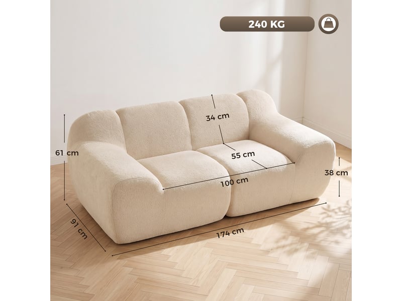  Canapé design arrondi 2 places larges accoudoirs tissu chenille beige  - Conforama C