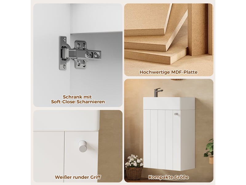  Meuble vasque suspendu blanc mdf et céramique 41×23×62,5 cm, porte rainurée à fermeture amortie, faible profondeur  - Conforama C