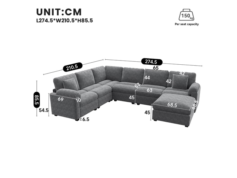 Canapé d angle modulable xxl 7 places 274,5 x 210,5 x 85,5 cm en u ou l avec pouf séparé coussins assise profonde tissu côtelé structure solide gris BUYDEEMEUS - Conforama E