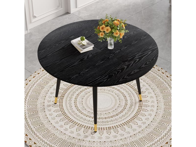 Table à manger extensible ronde à ovale noire, plateau mdf, pieds métal avec accents dorés, 6 à 8 places - Conforama B