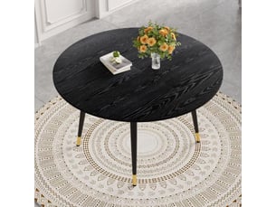 Table à manger extensible ronde à ovale noire, plateau mdf, pieds métal avec accents dorés, 6 à 8 places