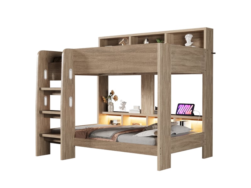  Lit superposé en bois 90 x 200 cm – avec barrières de sécurité – avec échelle de sécurité – avec éclairage – avec prise électrique – naturel (matelas non inclus)  - Conforama A