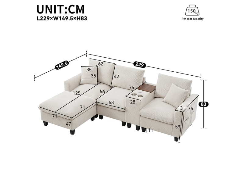Canapé d'angle ulevr convertible 4 places avec rangement, usb et porte-gobelets, velours côtelé beige 229 x 149,5 x 83 cm - Conforama C