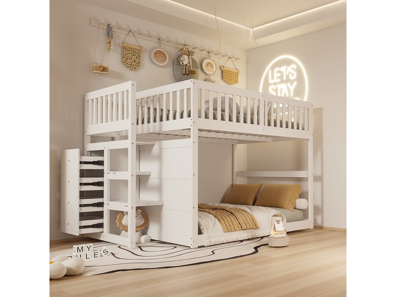  Lit superposé bas avec rangement, bois blanc, 140x200 cm, barrières hautes de sécurité  - Conforama B