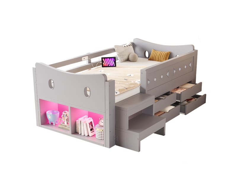  Lit enfant 90 x 200 cm avec 4 tiroirs, rangements, led, usb et usb-c, gris  - Conforama A