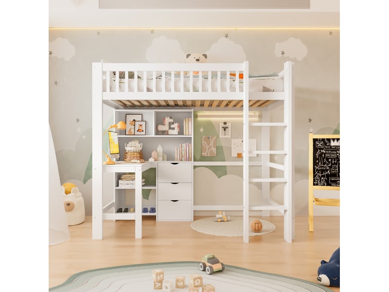  Lit mezzanine 90x200cm avec compartiments de rangement, échelle, bureau, 3 tiroirs, pin, blanc, sans matelas  - Conforama C