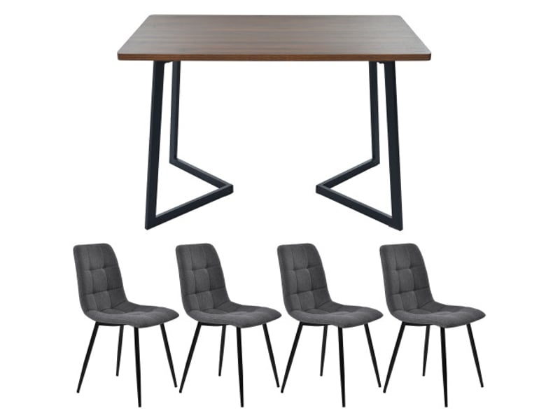  Ensemble salle à manger 5 pièces – table mdf noyer et 4 chaises lin gris foncé, pieds métal noirs  - Conforama A