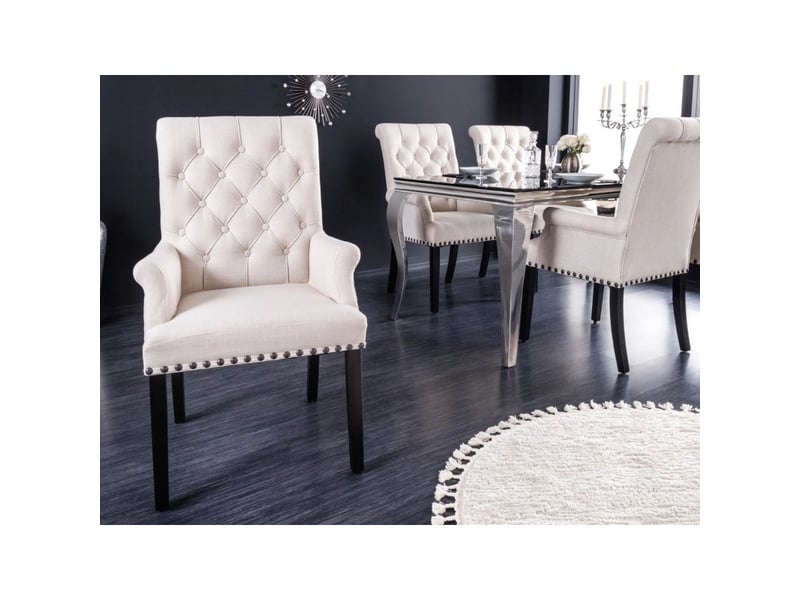  Lot de 2 fauteuils de table chesterfield regina beige capitonnés – accoudoirs, clous noirs et pieds en bois d'hévéa  - Conforama D